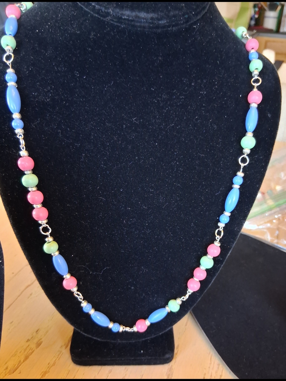 Hand Crafted Multicolor Beaded Necklace and Earrings Set - Blue, Pink, Green